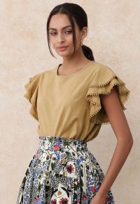Lace Ruffle Sleeve Cotton Dolly Top in Tan