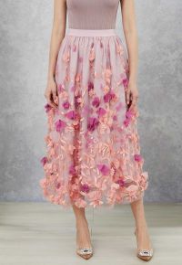 3D Clover Applique Mesh Tulle Maxi Skirt in Coral