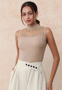 Mesh Inserted Mock Neck Ribbed Knit Tank Top in Tan