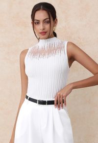 Mesh Inserted Mock Neck Ribbed Knit Tank Top in White