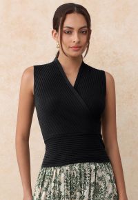 V-Neck Faux-Wrap Sleeveless Ribbed Knit Top in Black