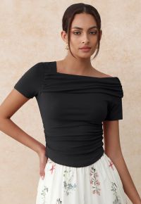 Asymmetric Neckline Ruched Short Sleeve Top in Black