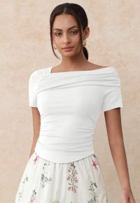 Asymmetric Neckline Ruched Short Sleeve Top in White