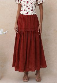 Daisy Era Embroidery Cotton Maxi Skirt in Red