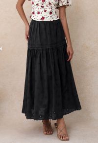 Daisy Era Embroidery Cotton Maxi Skirt in Black
