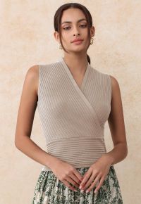 V-Neck Faux-Wrap Sleeveless Ribbed Knit Top in Oatmeal