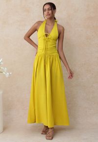 Bow-Tie Shirred Back Maxi Halter Dress in Mustard