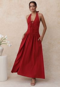 Bow-Tie Shirred Back Maxi Halter Dress in Red