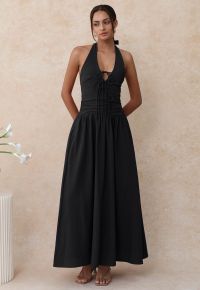 Bow-Tie Shirred Back Maxi Halter Dress in Black