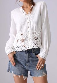 V-Neck Floral Cutwork Lace Trimmed Cotton Top