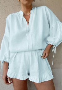 Lantern Sleeve Drawstring Shirt and Shorts Set in Light Blue