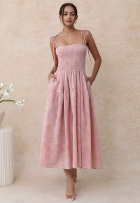 Flower Eyelet Gingham Shirred Cami Dress in Pink