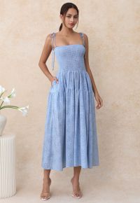 Flower Eyelet Gingham Shirred Cami Dress in Light Blue