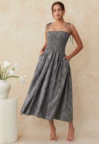 Flower Eyelet Gingham Shirred Cami Dress in Smoke