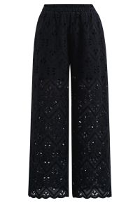 Tile Embroidered Eyelet Cotton Pants in Black