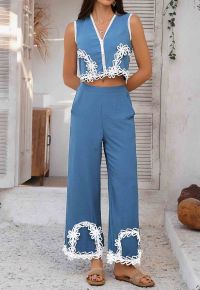 Tapework Lace Buttoned Sleeveless Top and Pants Set in Blue
