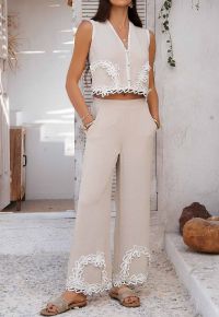 Tapework Lace Buttoned Sleeveless Top and Pants Set in Linen