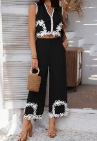 Tapework Lace Buttoned Sleeveless Top and Pants Set in Black