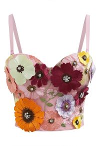 3D Floral Applique Rhinestone Bra Top in Pink
