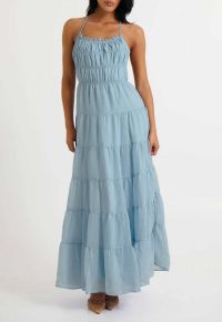 Tie-Back Crinkled Tiered Halter Dress in Light Blue