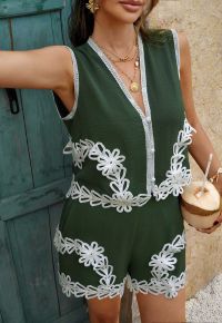 Tapework Lace Buttoned Sleeveless Top and Shorts Set in Army Green