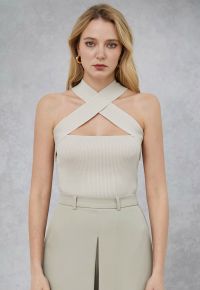 Crisscross Halter Neck Ribbed Knit Top in Cream