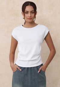 Whipstitch-Trimmed Ruched Side Top in White
