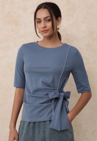 Self-Tie Bowknot Zip Tape Decor Top in Dusty Blue
