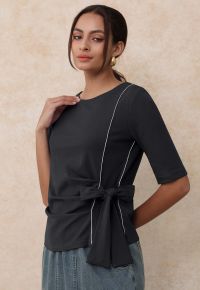 Self-Tie Bowknot Zip Tape Decor Top in Black