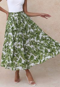 Tropical Floral Printed Elastic Waist Maxi Skirt in Green