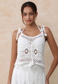 Tassel Front Open-Knit Crochet Cami Top in White