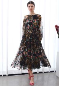 Peony Printed Ruffle Lantern Sleeve Maxi Dress in Black