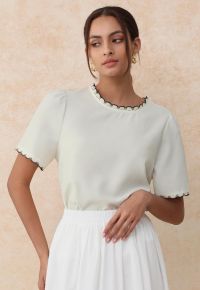 Contrast Crochet Edge Short-Sleeve Top in Sage