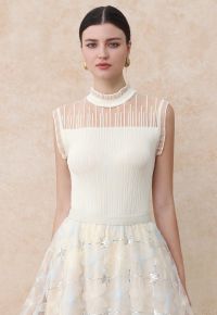 Ruffled Mock Neck Mesh Spliced Knit Top in Ivory