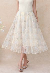 Floral Applique Sequin-Embellished Mesh Tulle Skirt in Light Blue