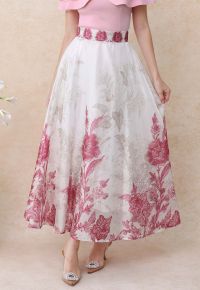 Sketch Pink Floral Half Elastic Waistband A-Line Maxi Skirt