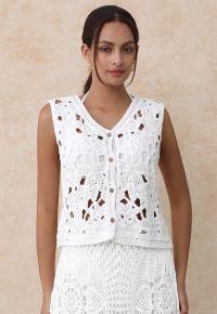 Sequined Floral Open-Knit Crochet Sleeveless Top in White