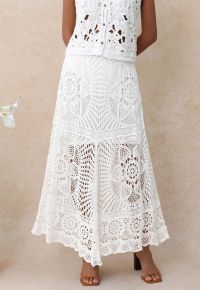 Blooming Floral Open-Knit Crochet Asymmetric Maxi Skirt
