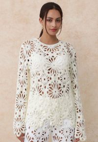 Floral Cutwork Crochet Long-Sleeve Asymmetric Top