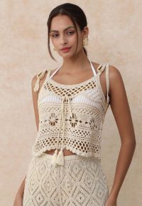 Tassel Front Open-Knit Crochet Cami Top in Sand