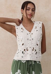 Sequined Floral Open-Knit Crochet Sleeveless Top in Sand