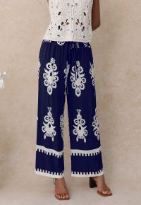 Tile Printed Shirred Waist Pants in Navy
