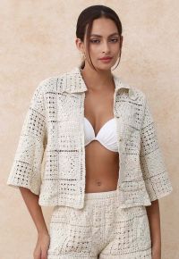 Collared Open-Knit Crochet Elbow Sleeve Top