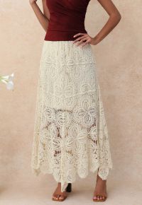 Romantic Floral Open-Knit Crochet Asymmetric Maxi Skirt
