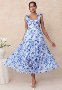Blue Floral Tie-Shoulder Shirred Tiered Dress