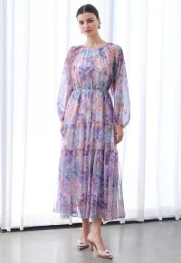 Hydrangea Printed Ruffle Lantern Sleeve Maxi Dress