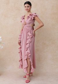 Cascade Ruffle O-Ring Tie-Back Maxi Dress in Pink