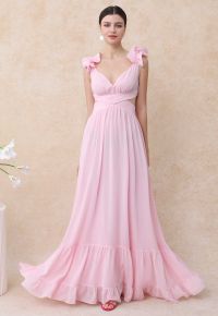 Lace-Up Back Ruffle Cut Out Chiffon Gown in Pink