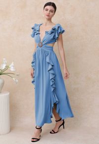 Cascade Ruffle O-Ring Tie-Back Maxi Dress in Blue