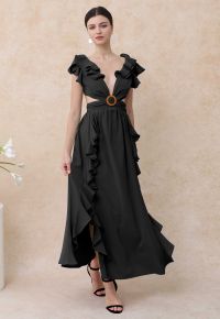 Cascade Ruffle O-Ring Tie-Back Maxi Dress in Black